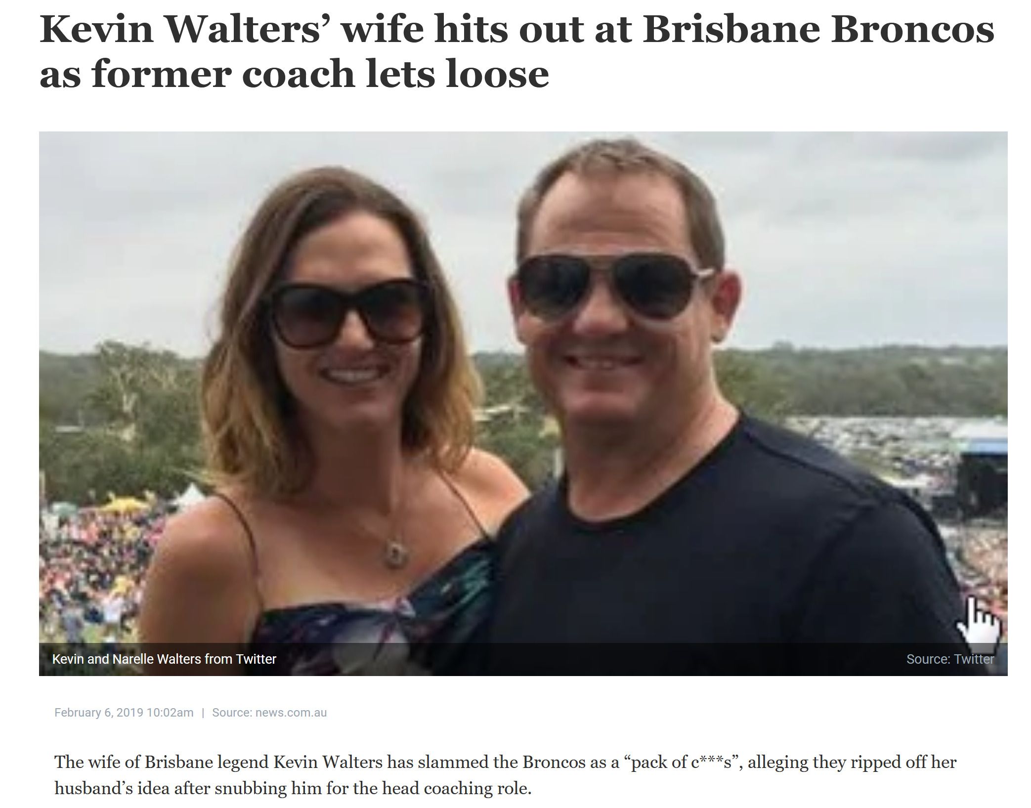 Kevin Walters wife Narelle slams Brisbane Broncos as pack of c s