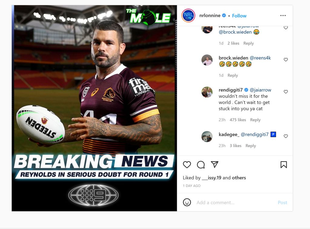 ScreenScreenshot 2022 02 24 at 15 19 49 NRL on Nine on Instagram Sources say his injury is wo