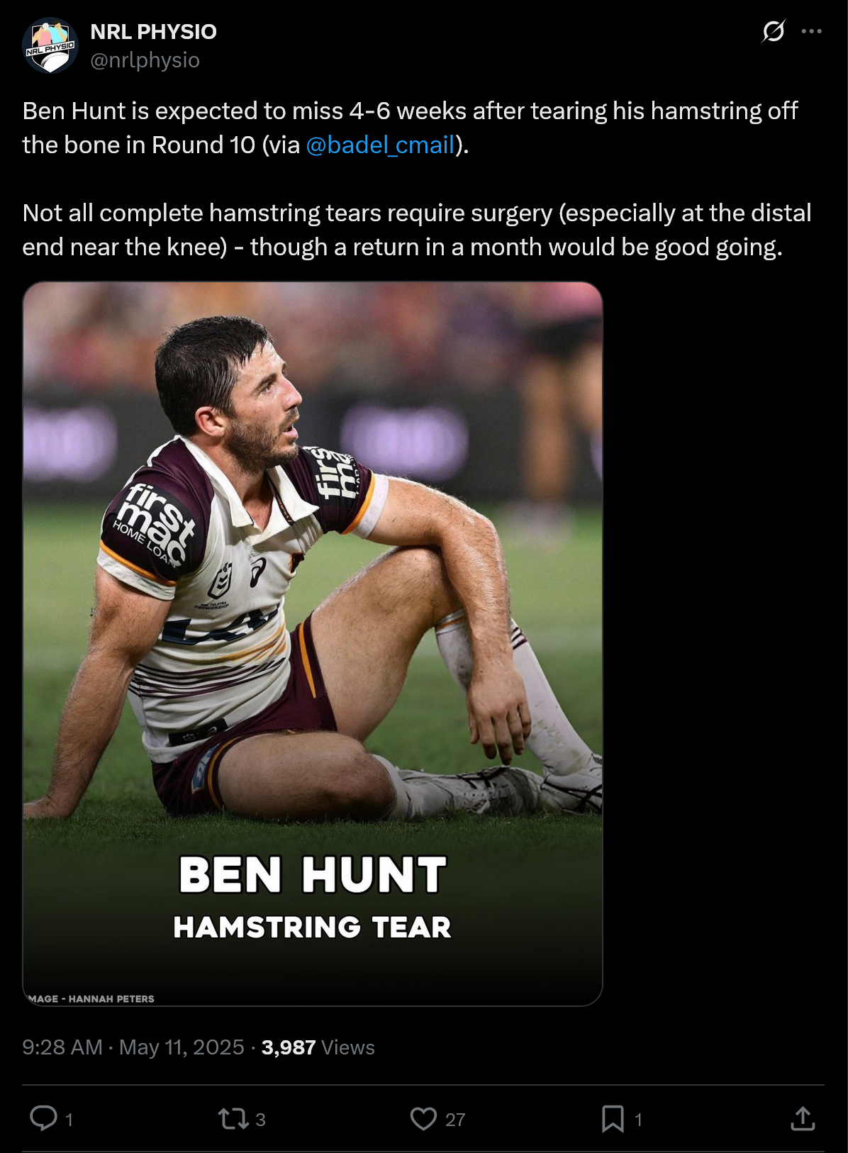 Screenshot 2025-05-11 at 12-05-22 NRL PHYSIO on X Ben Hunt is expected to miss 4-6 weeks after...png