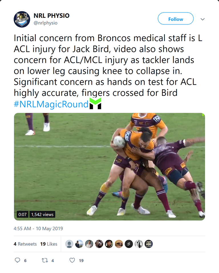 Screenshot 2019 05 10 NRL PHYSIO on Twitter Initial concern from Broncos medical staff is L AC