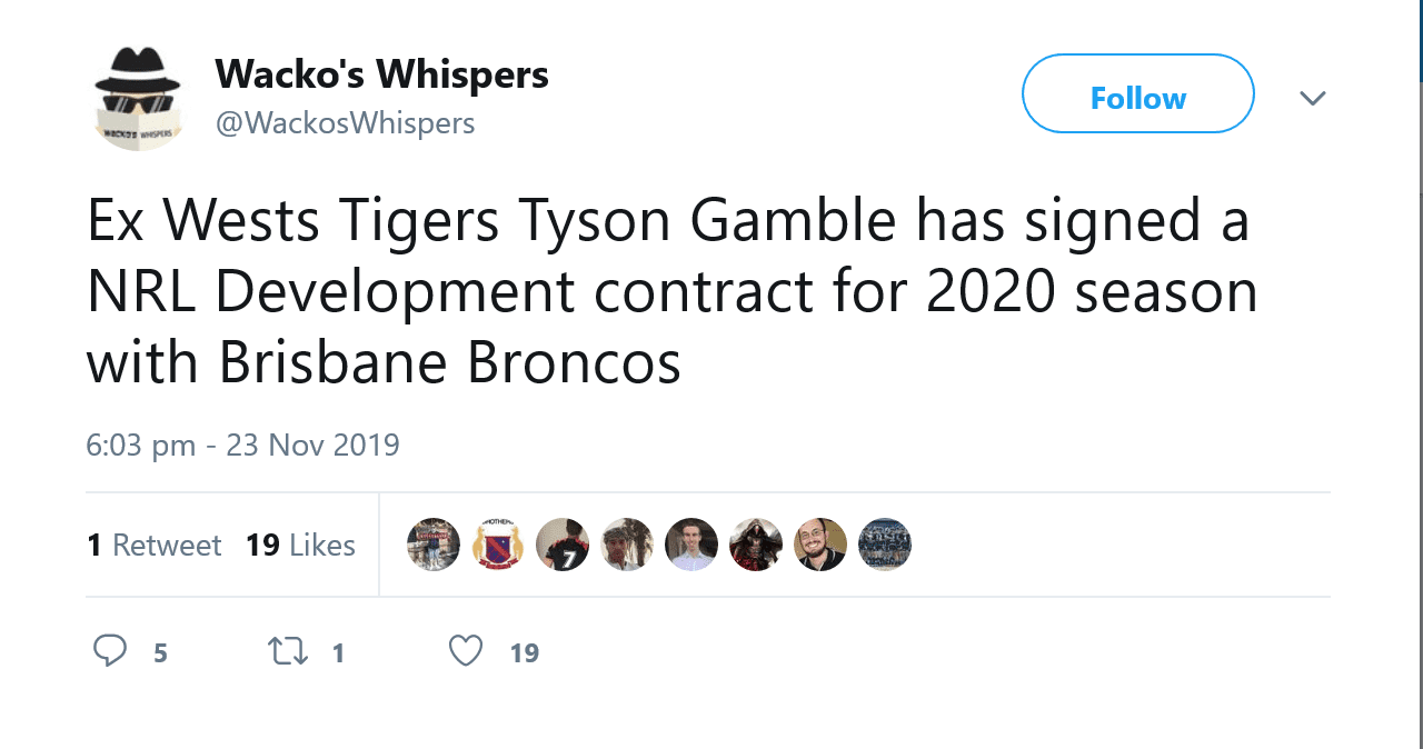 Screenshot 2019 11 24 Wackos Whispers on Twitter Ex Wests Tigers Tyson Gamble has signed a NR