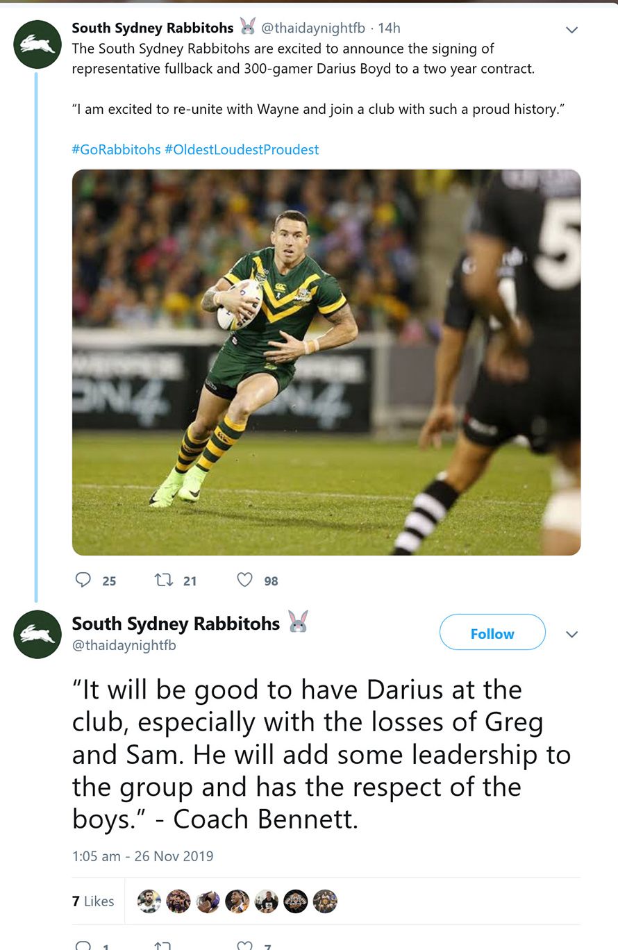 Screenshot 2019 11 27 South Sydney Rabbitohs  on Twitter It will be good to have Darius at t