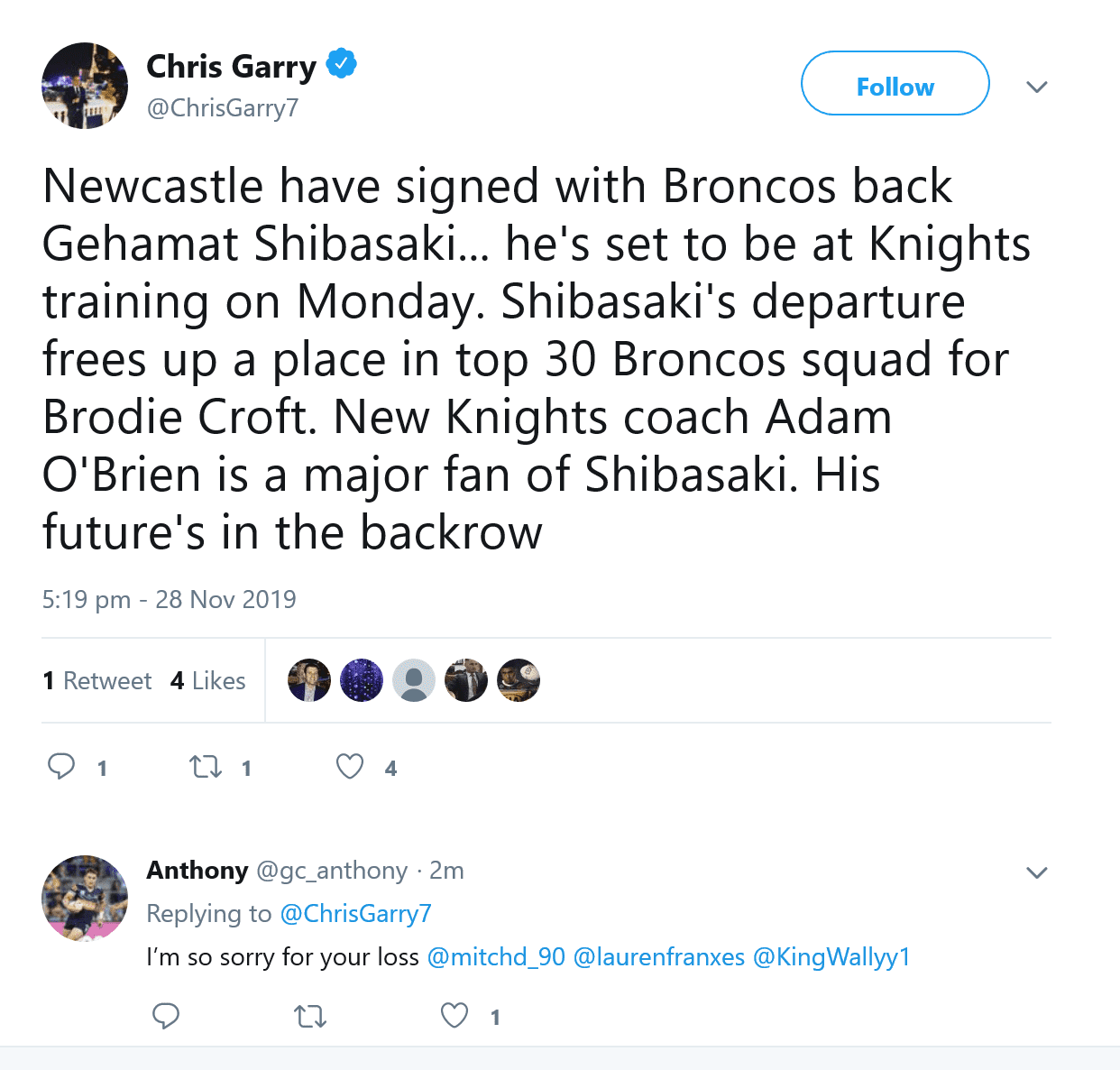 Screenshot 2019 11 29 Chris Garry on Twitter Newcastle have signed with Broncos back Gehamat S