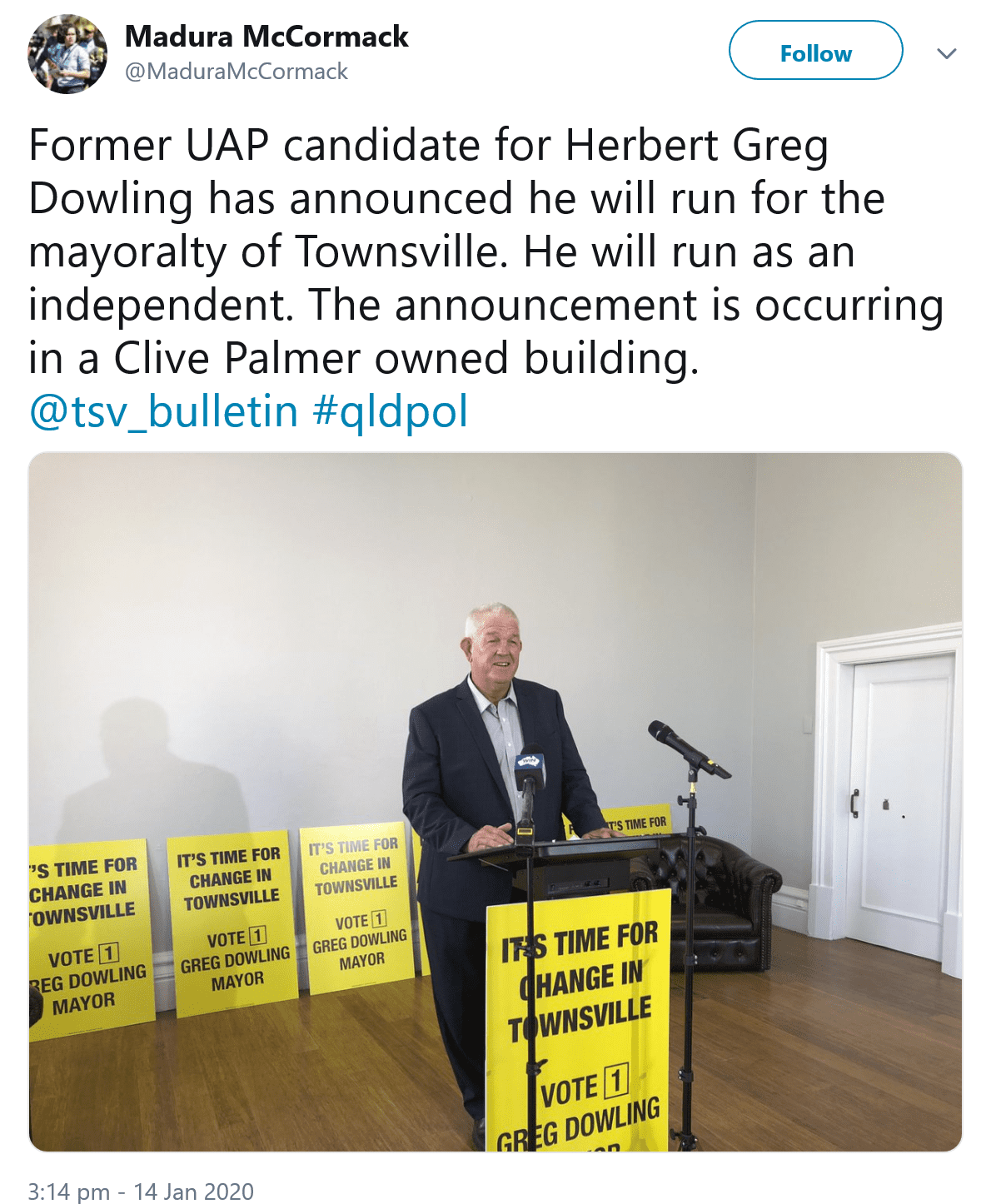 Screenshot 2020 01 15 Madura McCormack on Twitter Former UAP candidate for Herbert Greg Dowlin