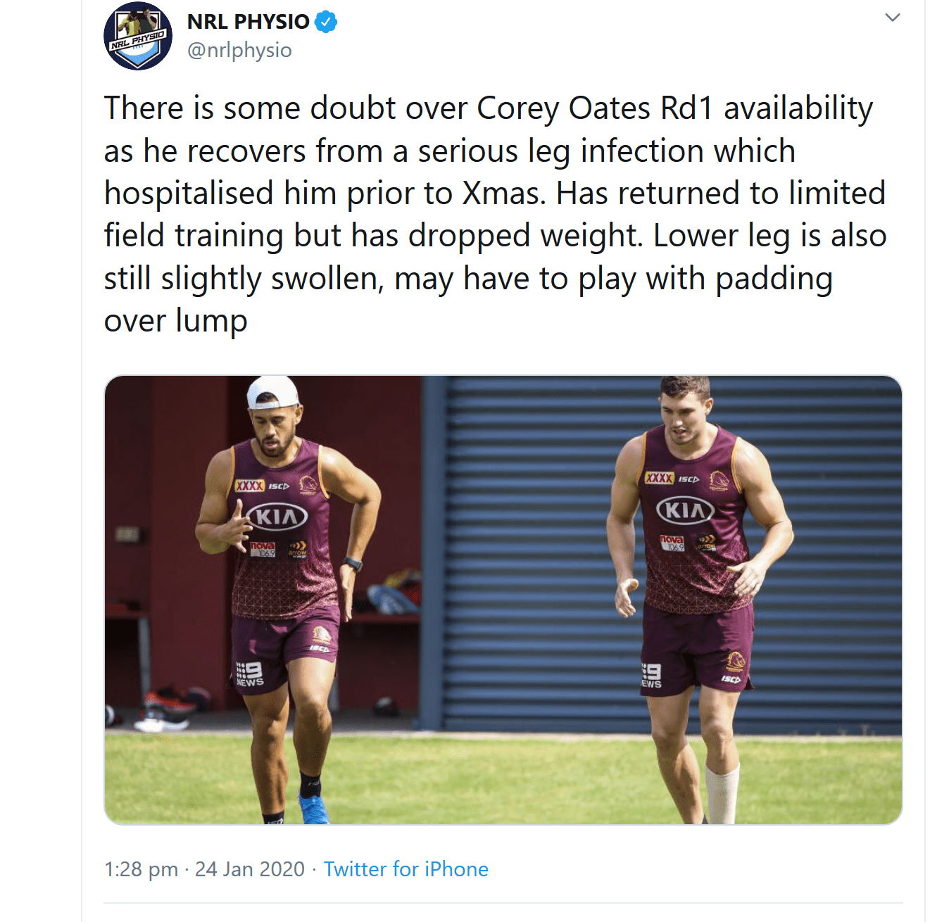 Screenshot 2020 01 24 NRL PHYSIO on Twitter There is some doubt over Corey Oates Rd1 availabil
