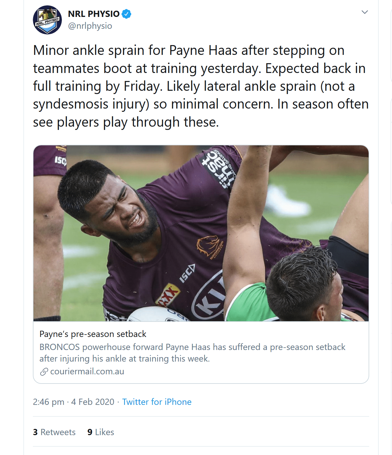 Screenshot 2020 02 05 NRL PHYSIO on Twitter Minor ankle sprain for Payne Haas after stepping o