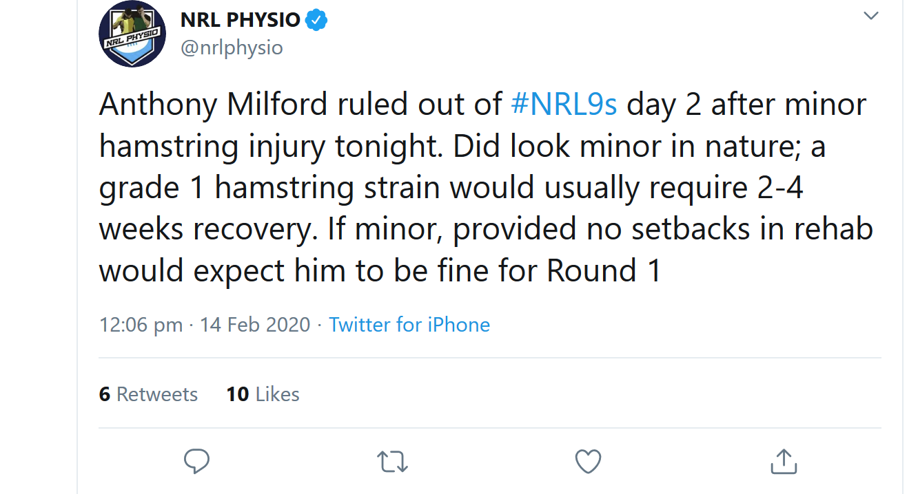 Screenshot 2020 02 14 NRL PHYSIO on Twitter Anthony Milford ruled out of NRL9s day 2 after mi
