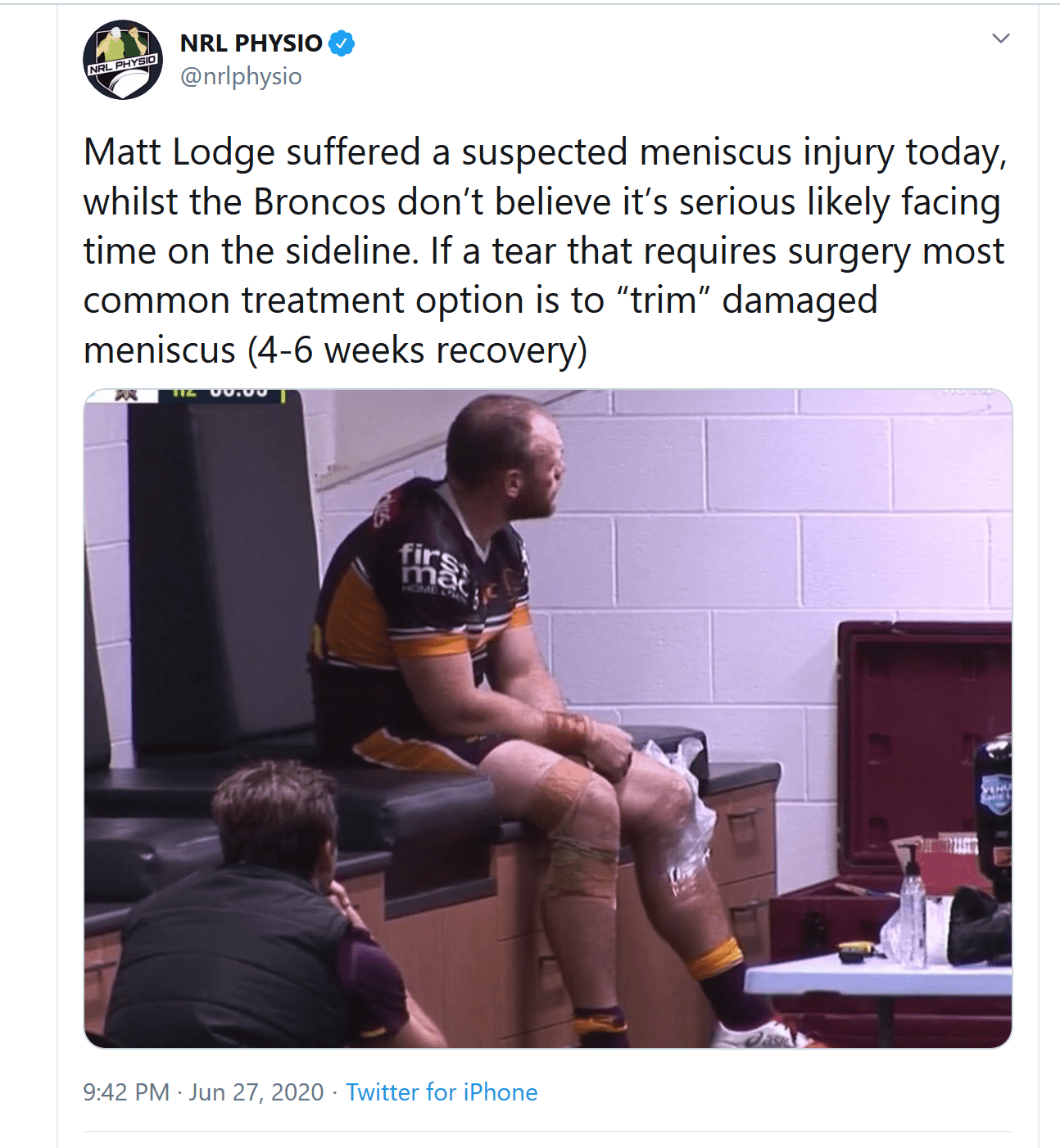 Screenshot 2020 06 28 NRL PHYSIO on Twitter Matt Lodge suffered a suspected meniscus injury to