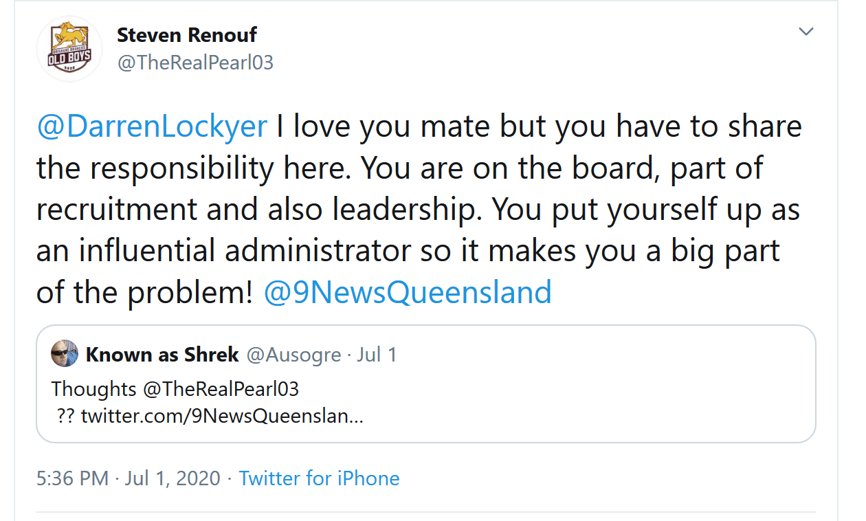 Screenshot 2020 07 03 Steven Renouf on Twitter DarrenLockyer I love you mate but you have to s