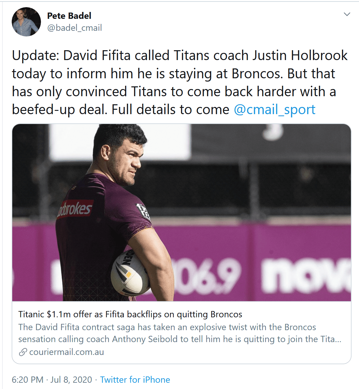 Screenshot 2020 07 08 Pete Badel on Twitter Update David Fifita called Titans coach Justin Hol