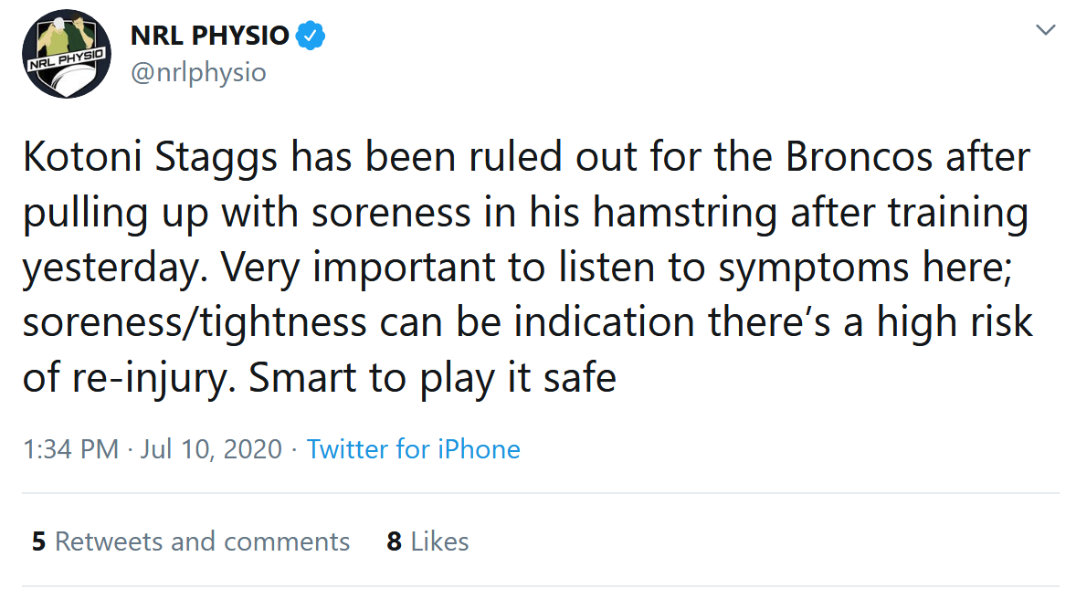 Screenshot 2020 07 10 NRL PHYSIO on Twitter Kotoni Staggs has been ruled out for the Broncos a