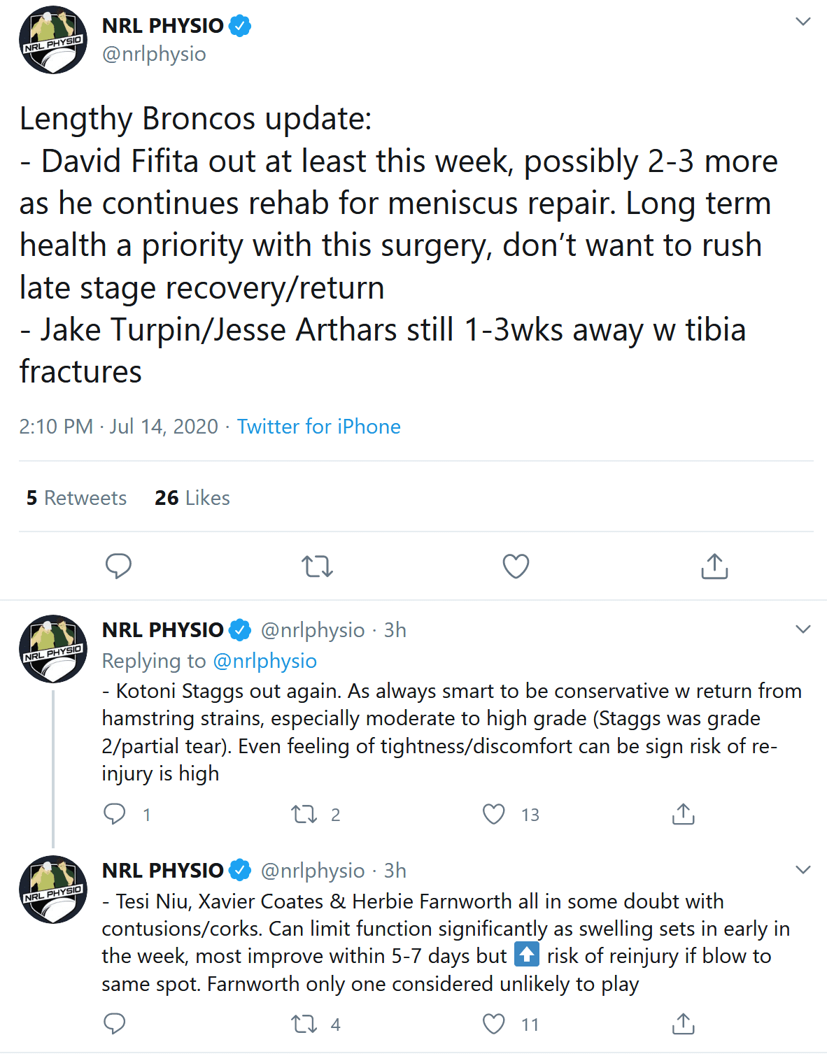 Screenshot 2020 07 14 NRL PHYSIO on Twitter Lengthy Broncos update   David Fifita out at least