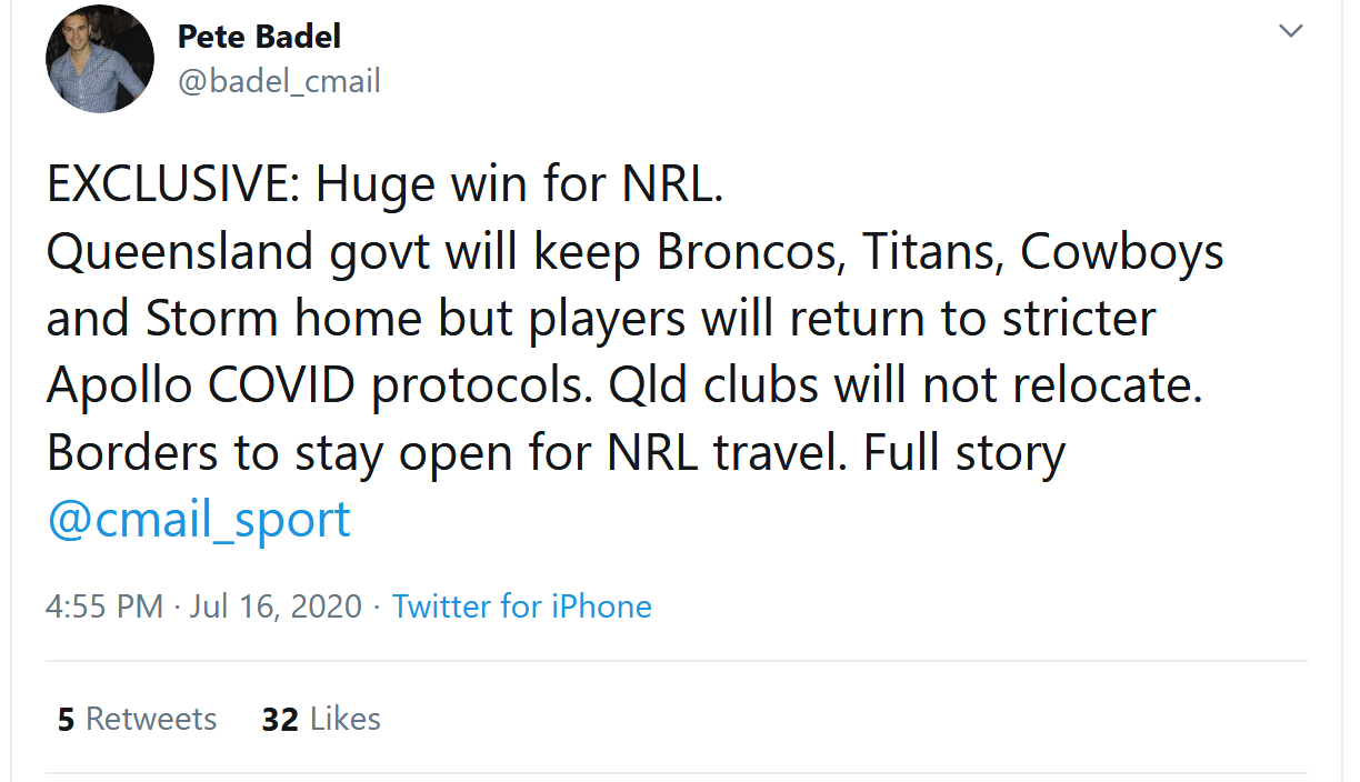 Screenshot 2020 07 16 Pete Badel on Twitter EXCLUSIVE Huge win for NRL Queensland govt will ke