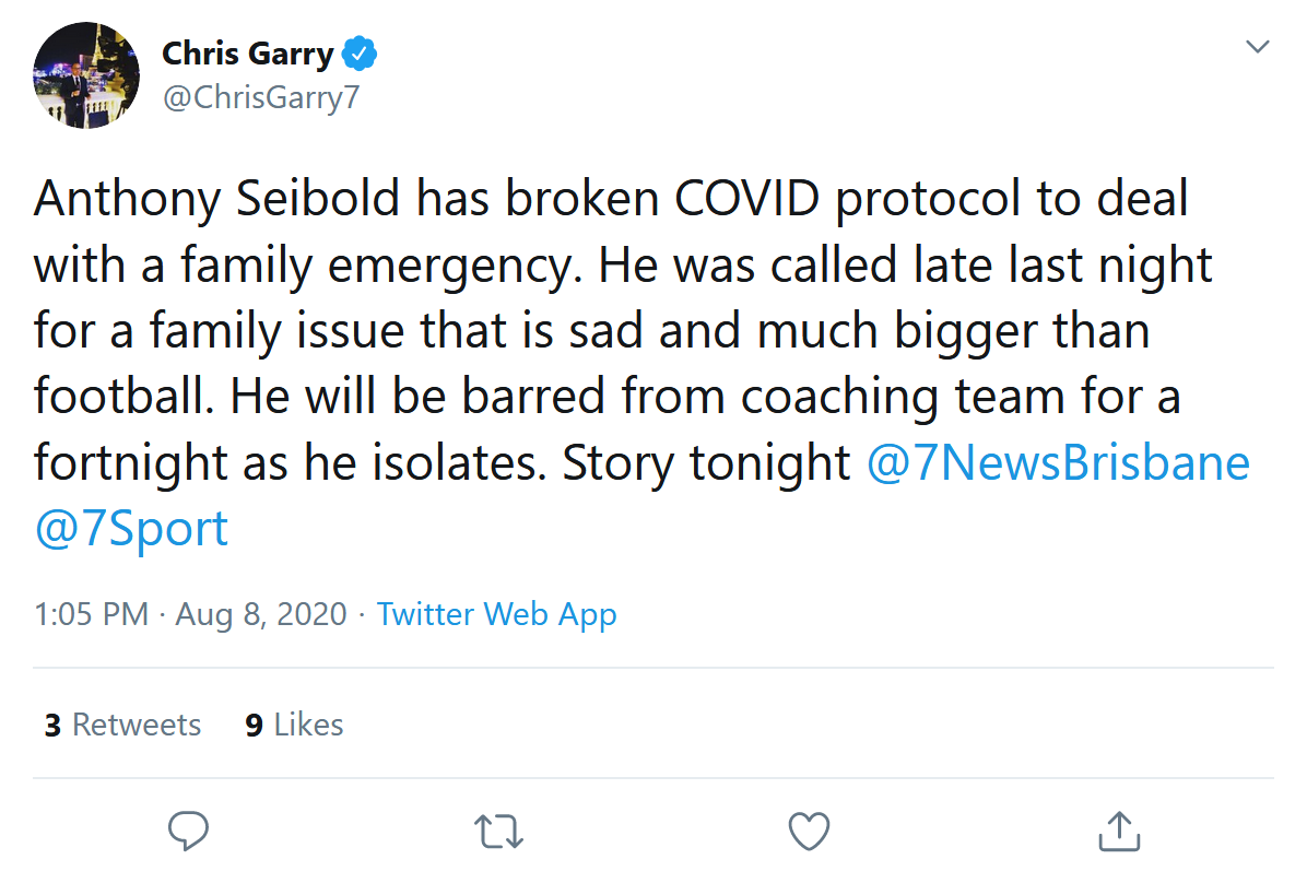 Screenshot 2020 08 08 1 Chris Garry on Twitter Anthony Seibold has broken COVID protocol to 