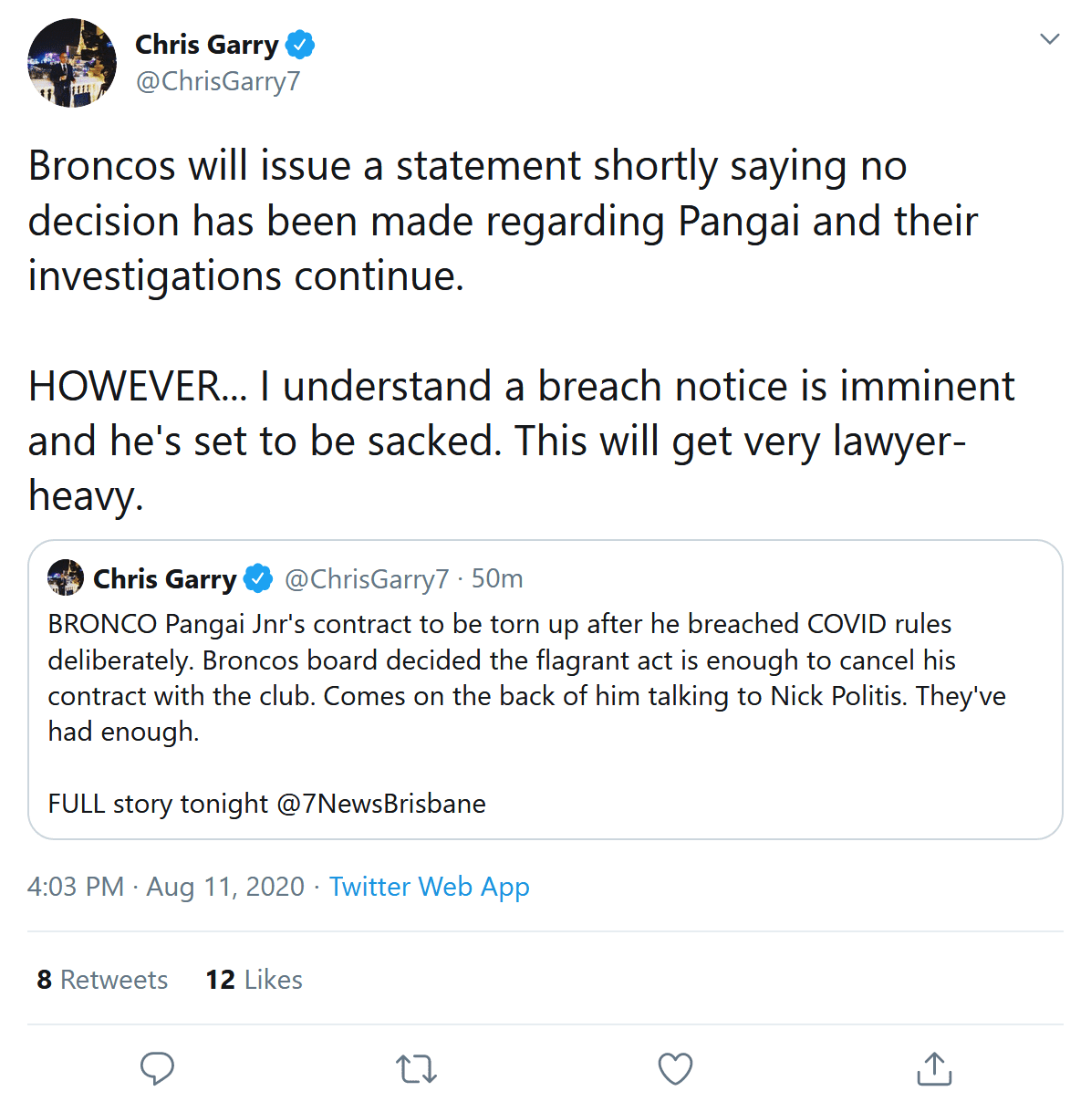 Screenshot 2020 08 11 Chris Garry on Twitter Broncos will issue a statement shortly saying no 