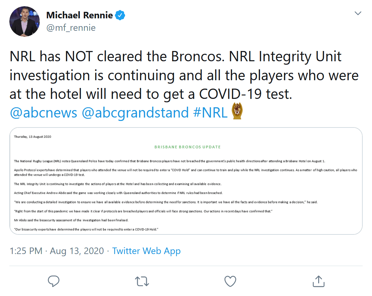 Screenshot 2020 08 13 Michael Rennie on Twitter NRL has NOT cleared the Broncos NRL Integrity 