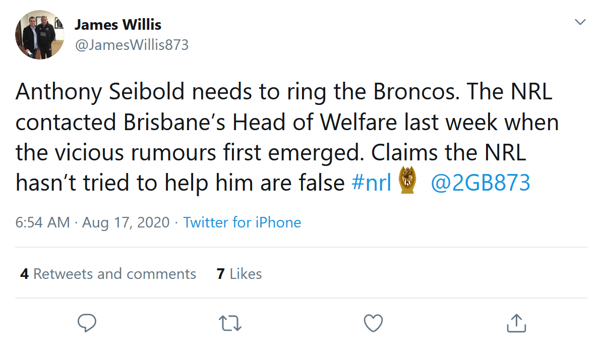 Screenshot 2020 08 17 James Willis on Twitter Anthony Seibold needs to ring the Broncos The NR