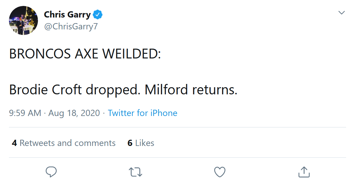 Screenshot 2020 08 18 1 Chris Garry on Twitter BRONCOS AXE WEILDED Brodie Croft dropped Milf