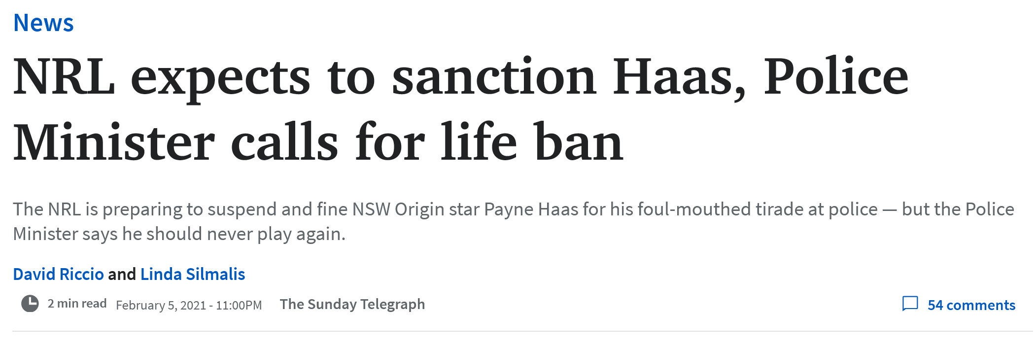 Screenshot 2021 02 06 NRL to sanction Haas MP calls for life ban